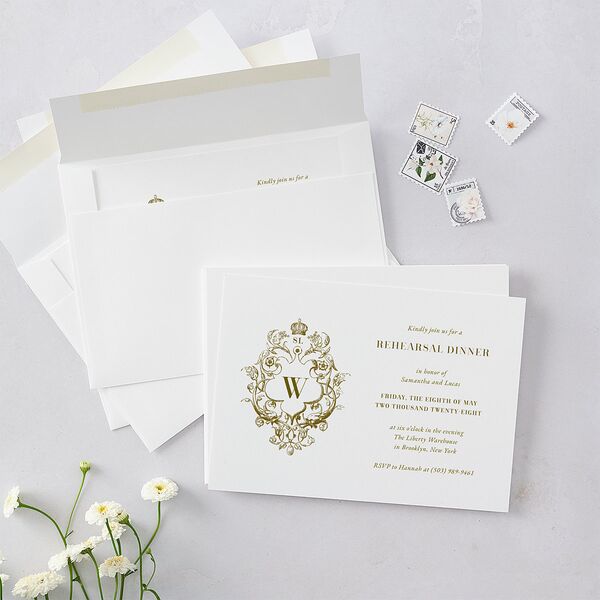 Ornate Vintage Crest Rehearsal Dinner Invitations Umber Signature Blank Standard