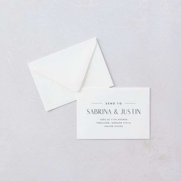 Destination Photo Poster Response Card Euro Envelopes Dusty Blue White Return Address Luxe
