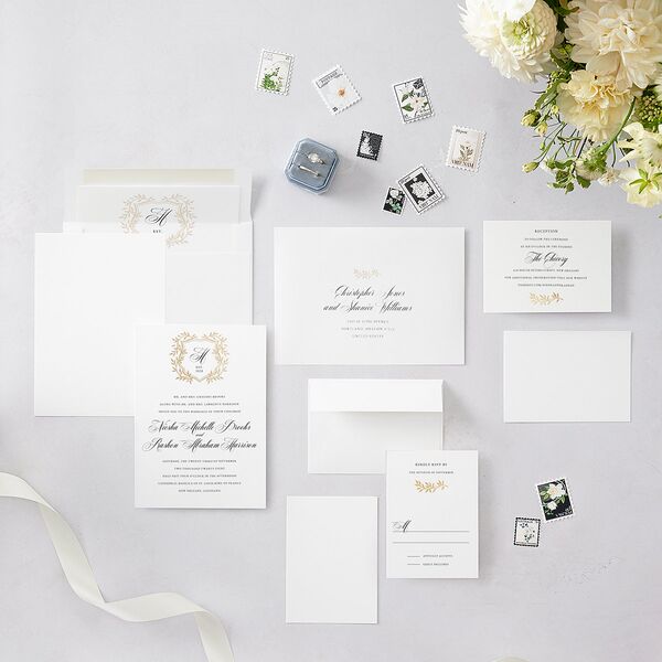 Formal Crest Wedding Invitations Gold Pure White Signature Blank No Standard