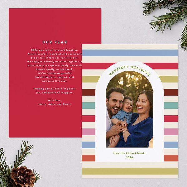 Eclectic Vintage Stripe Arch Holiday Cards Linen Signature Blank Portrait Standard