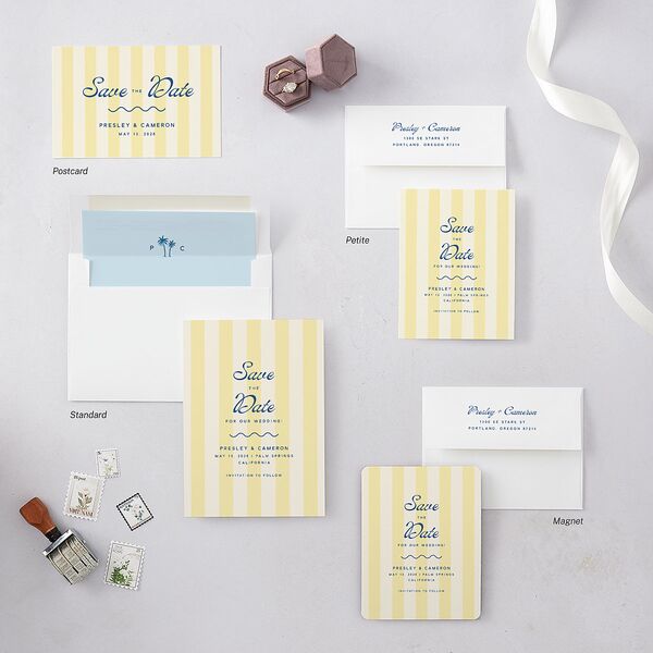 Cabana Stripes Save the Date Postcards Lemon