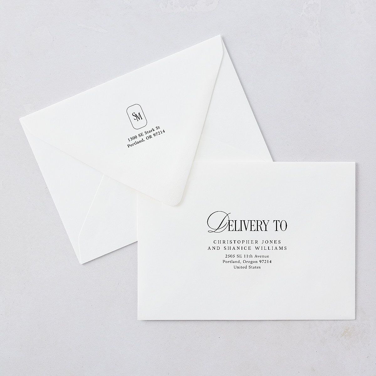 Luxury Editorial Photo Wedding Invitation Euro Envelopes White Pure White Both Recipient and Return Addresses Luxe Signature