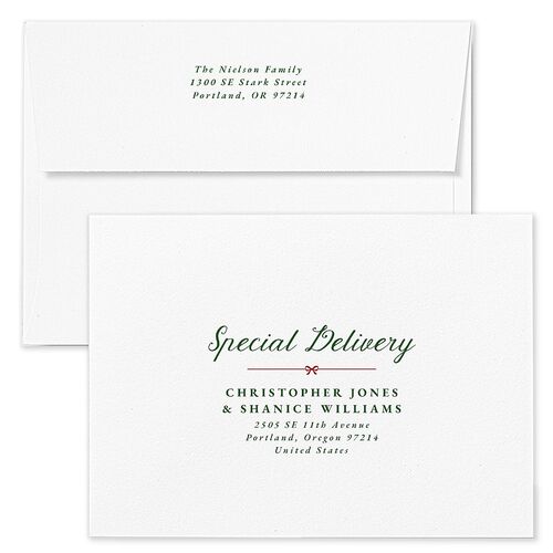 Vintage Bow Pattern Photo Holiday Card Envelopes White Jewel Green Both Recipient and Return Addresses Standard Signature