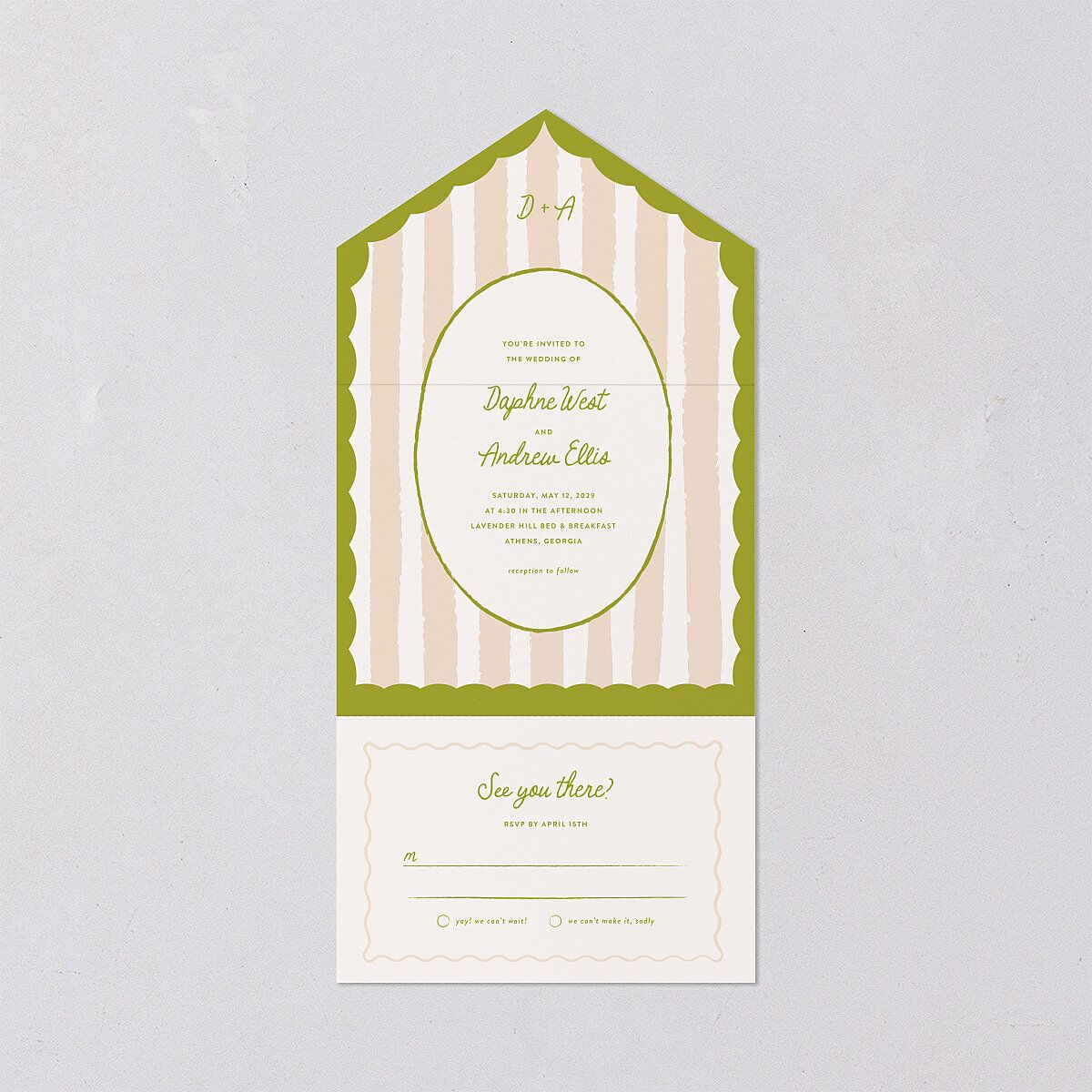 Eclectic Painted Stripes All-in-One Wedding Invitations Pear Signature Light Both Recipient and Return Addresses No