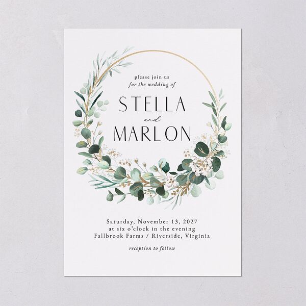 Timeless Floral Hoop Foil Wedding Invitations Gold Pure White Signature Blank No Standard