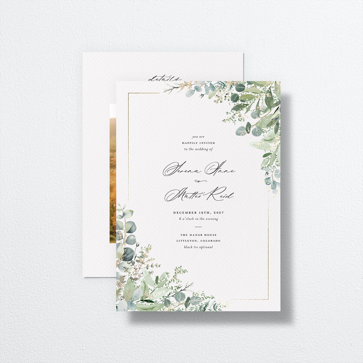 Shining Greenery Wedding Invitations front-and-back