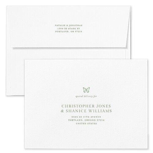 Antique Garden Lace Floral Wedding Invitation Envelopes Moss White Both Recipient and Return Addresses Standard Signature