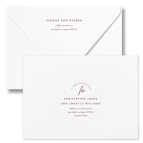 Arched Photo Save The Date Card Euro Envelopes White Merlot Both Recipient and Return Addresses Luxe Signature