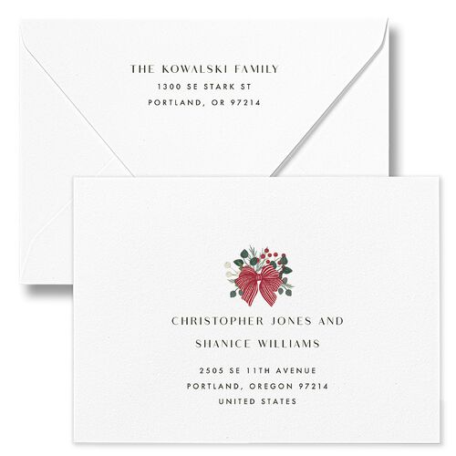 Rustic Holiday Foliage with Bow Holiday Card Euro Envelopes White Hunter Green Both Recipient and Return Addresses Luxe Signature