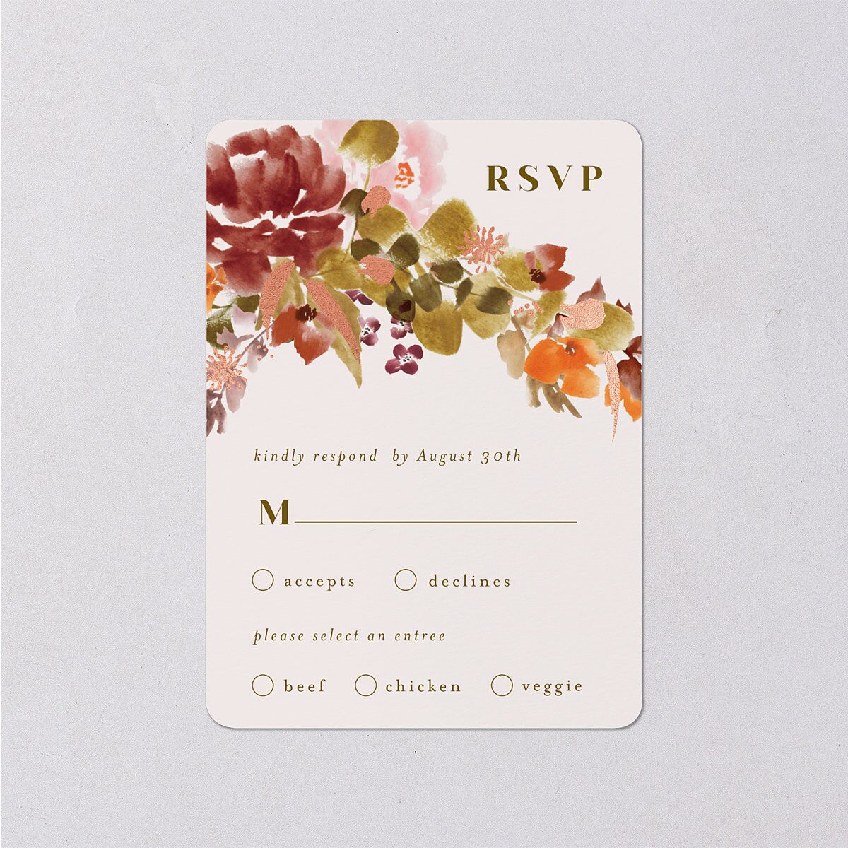 Fall Garland Wedding Response Cards Rose Gold Peony Signature Rounded
