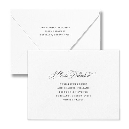 Grand Calligraphy Save the Date Petite Card Euro Envelopes White Medieval Grey Both Recipient and Return Addresses Luxe Signature