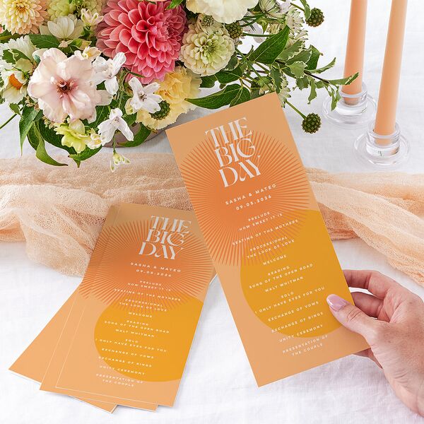 Retro Sunburst Wedding Programs Pumpkin Signature