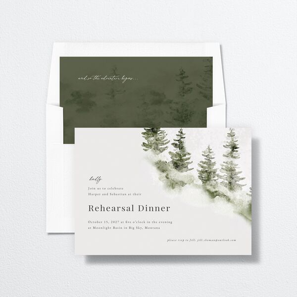 Snowy Mountainside Rehearsal Dinner Invitations envelope-and-liner in Green