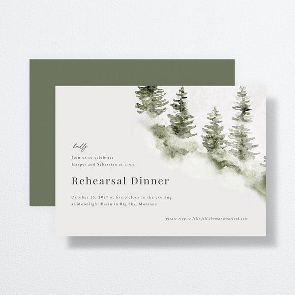 Snowy Mountainside Rehearsal Dinner Invitations front-and-back in Green