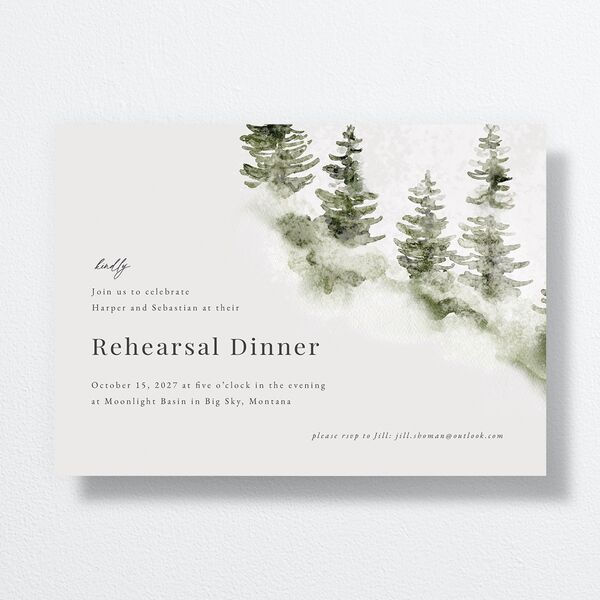 Snowy Mountainside Rehearsal Dinner Invitations front in Green
