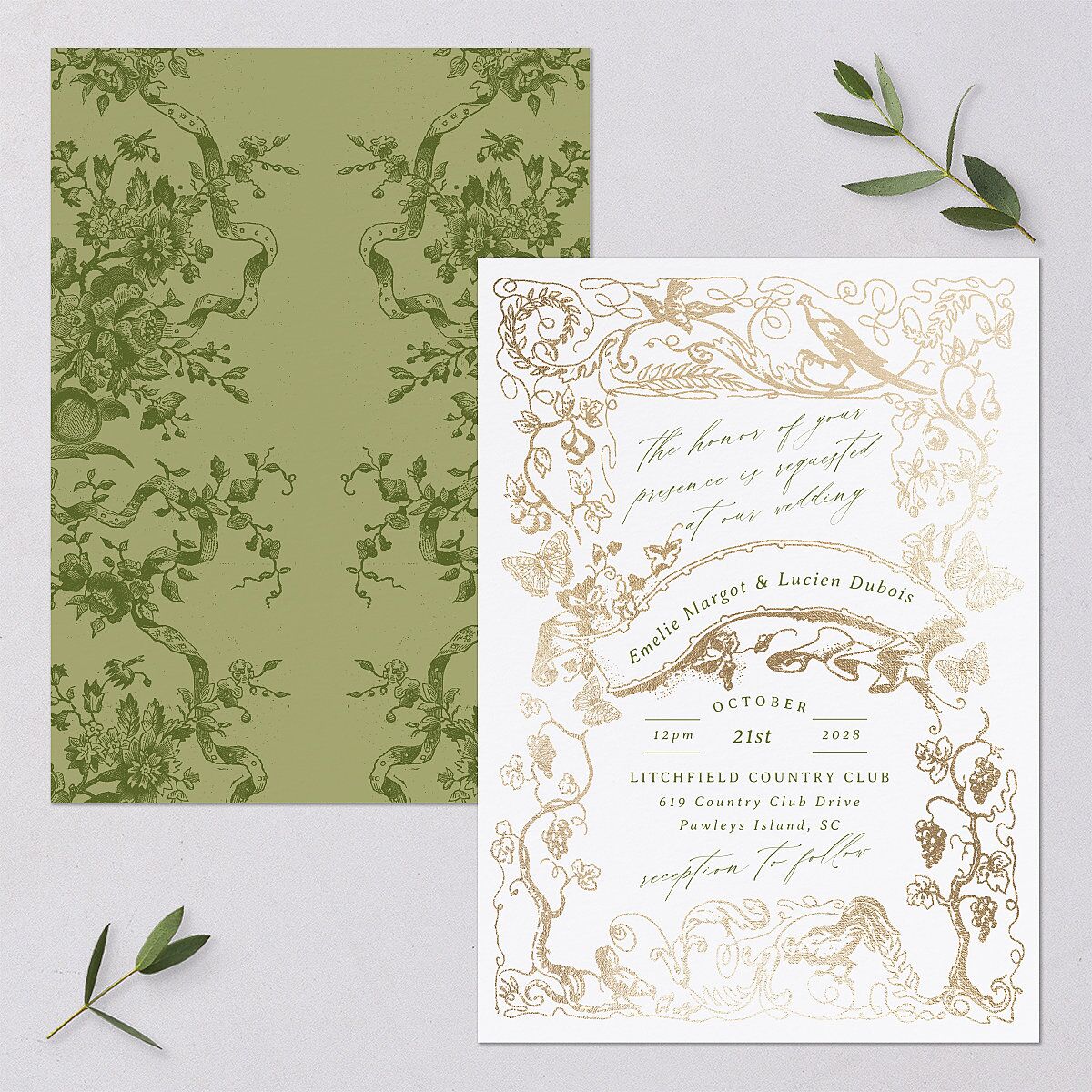 Vintage Toile Foil Wedding Invitations Gold Greenery Signature Blank No Standard