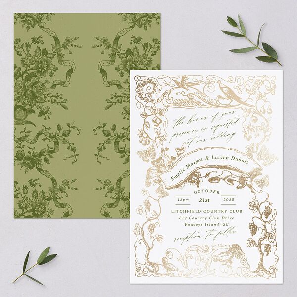 Vintage Toile Foil Wedding Invitations Gold Greenery Signature Blank No Standard