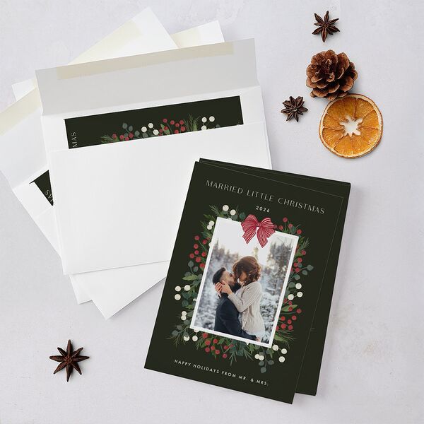 Rustic Holiday Foliage with Bow Holiday Cards Hunter Green Signature Blank Standard