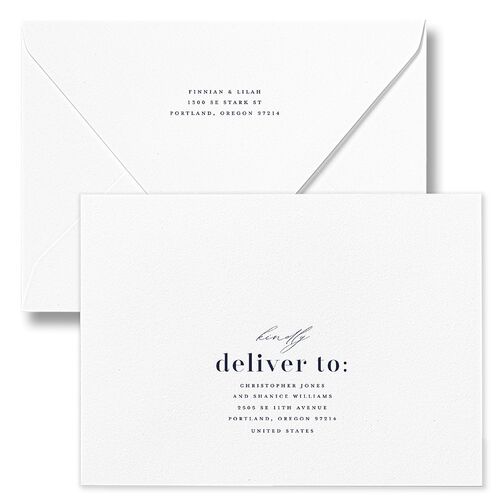 Portrait Gallery Wedding Invitation Euro Envelopes White Navy Both Recipient and Return Addresses Luxe Signature