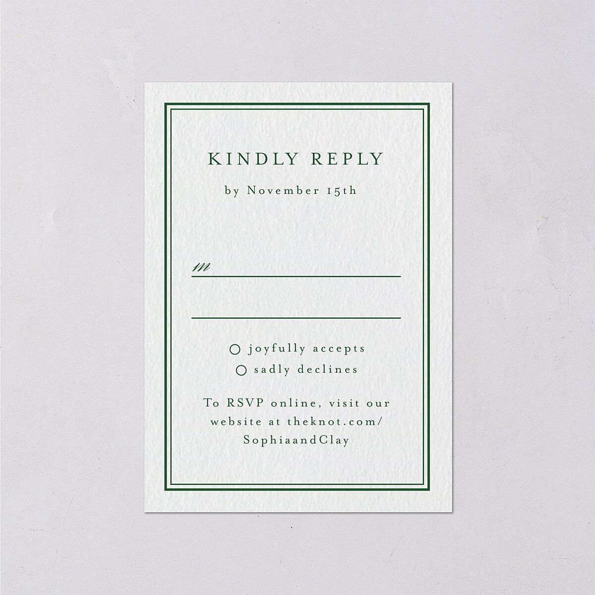 Elegant Winter Pine Cone Wedding Response Cards Scottish Green Signature Standard