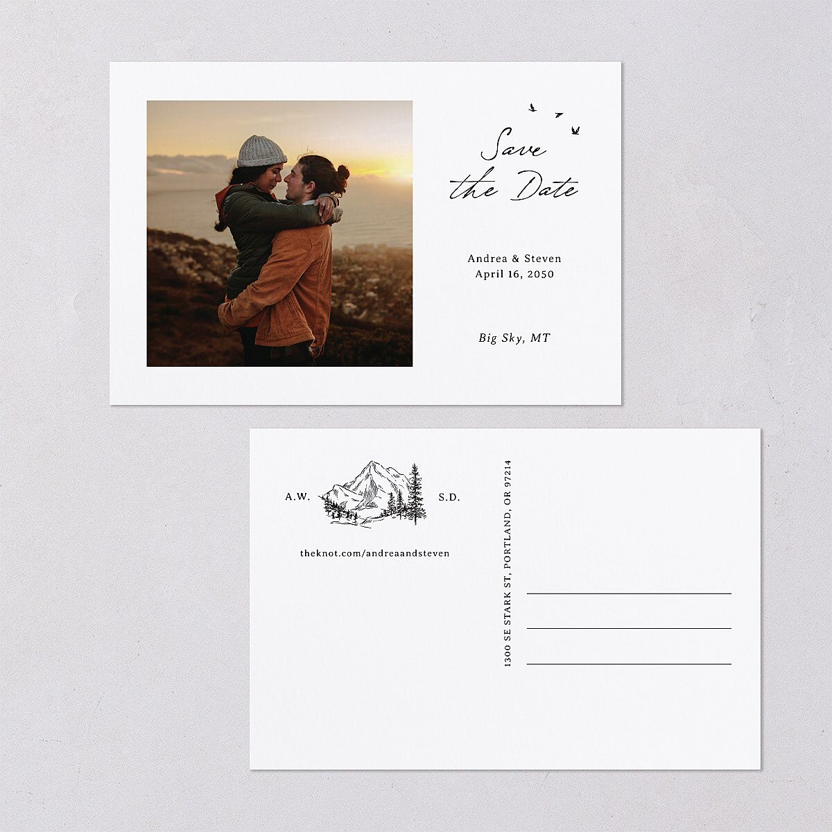 Elegant Mountain Monogram Save the Date Postcards Pure White