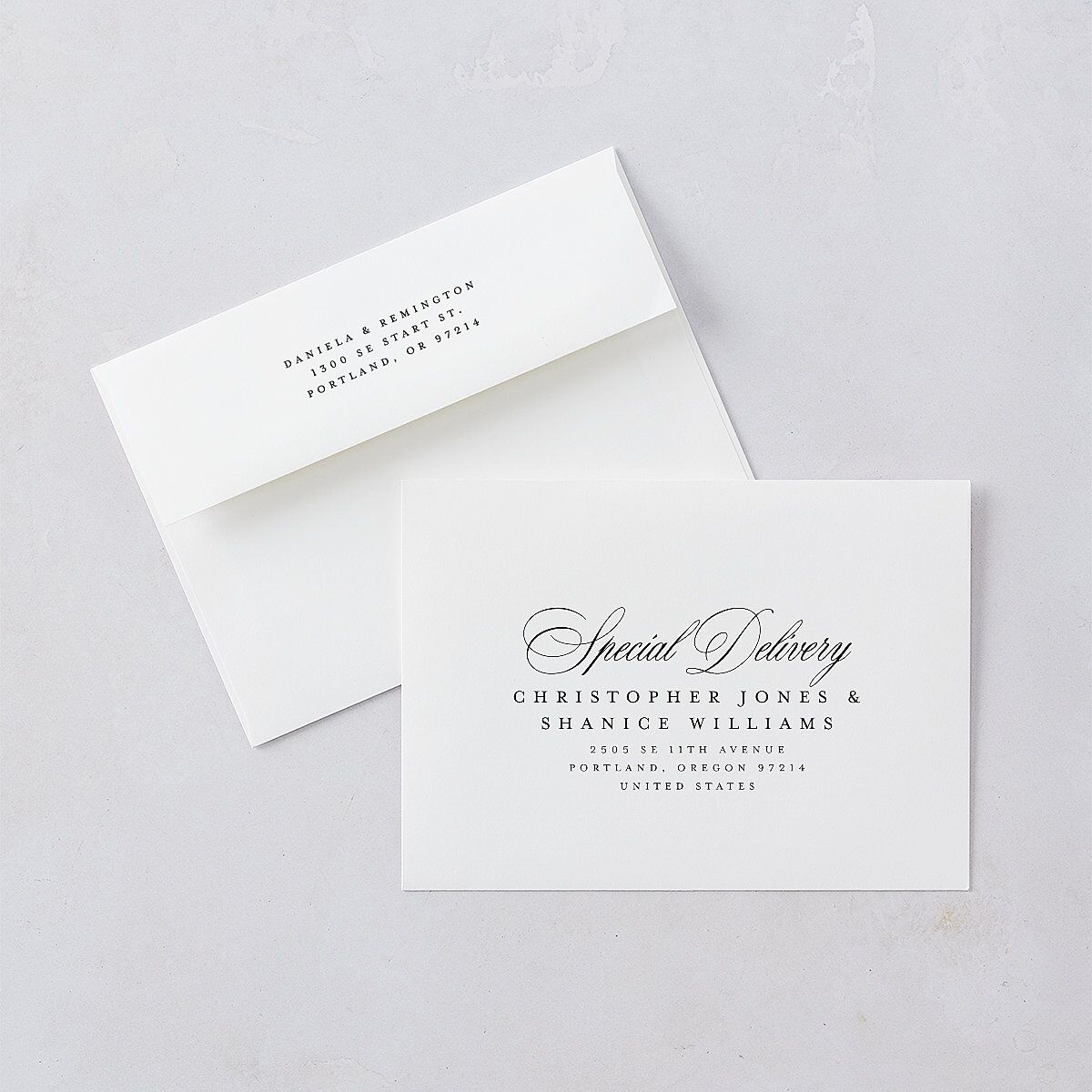Modern Classic Picture Portrait Save The Date Card Envelopes White Pure White Both Recipient and Return Addresses Signature Standard