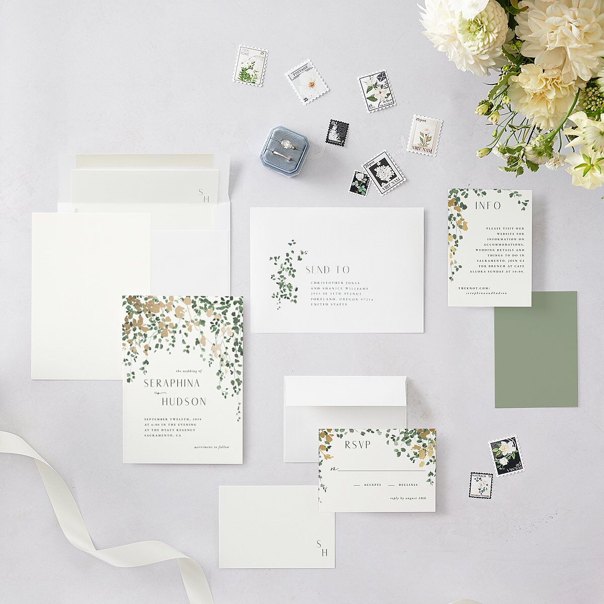 Cascading Florals Wedding Invitations Gold Thyme Signature Blank No