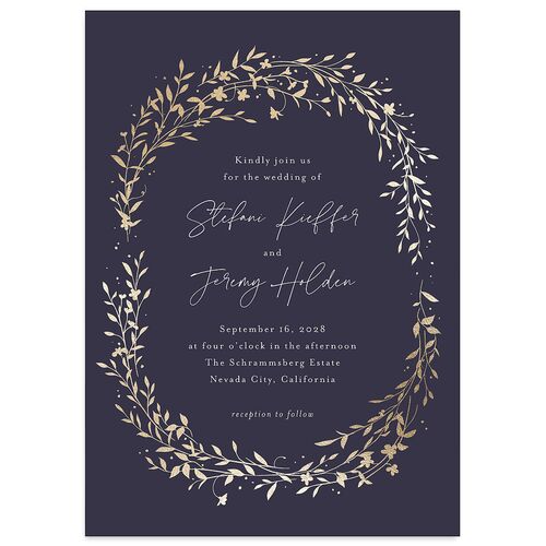 Oval Garland Foil Wedding Invitations Navy Gold Signature Blank No Standard