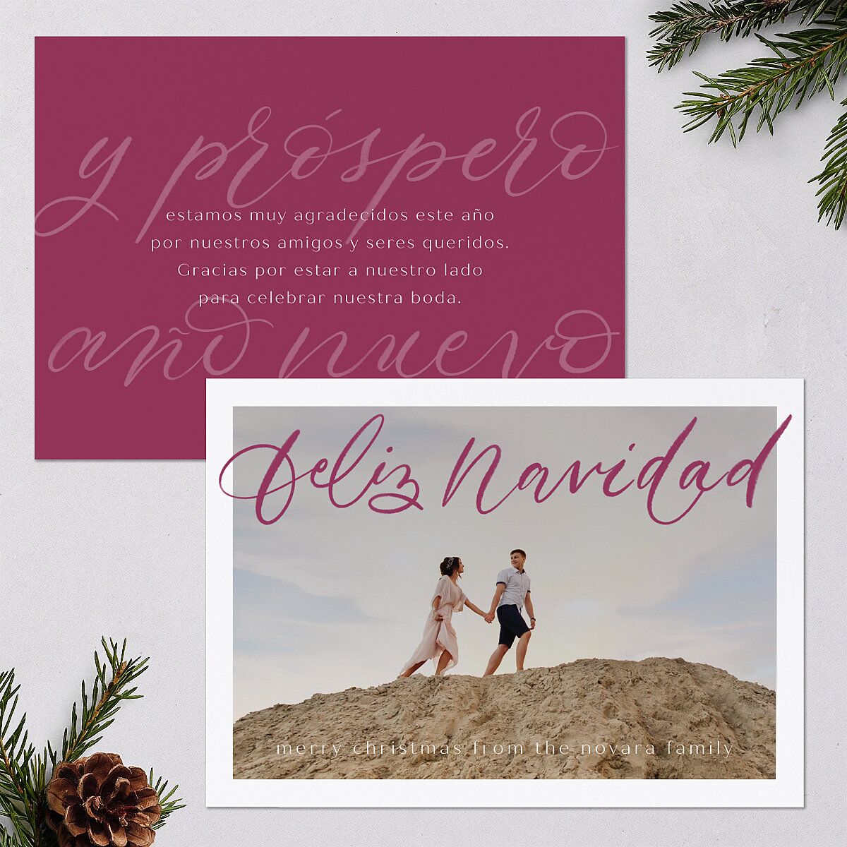 Scripted Feliz Navidad Holiday Cards Raspberry Signature Blank Standard Landscape
