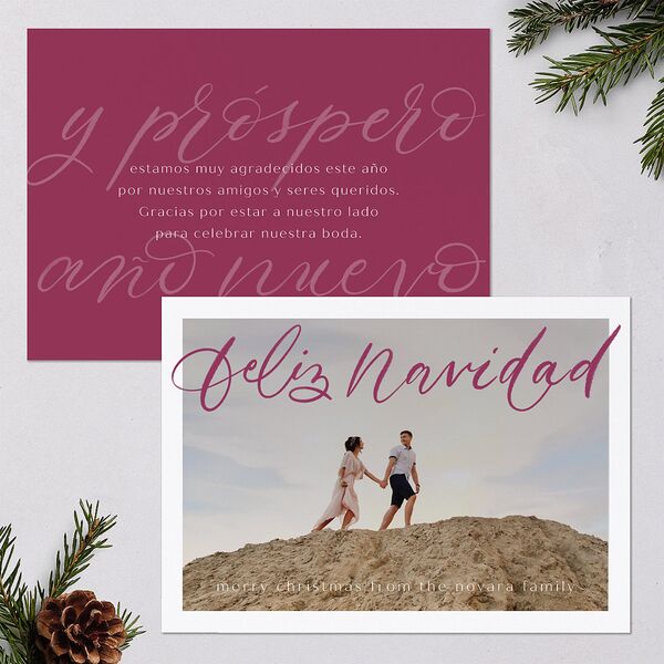 Scripted Feliz Navidad Holiday Cards Raspberry Signature Blank Standard Landscape