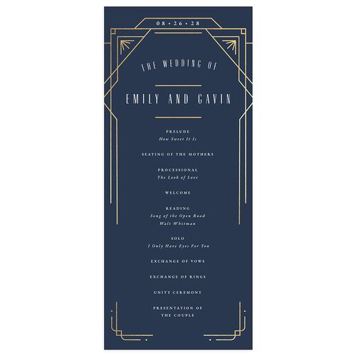 Vintage Deco Wedding Programs Gold Moody Blue Signature