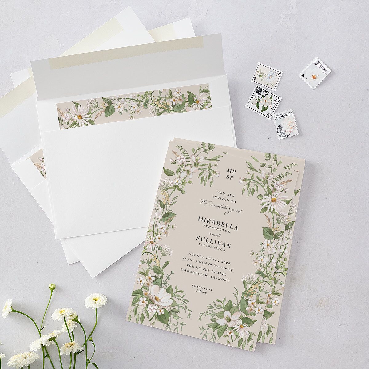 Whimsical Wildflower Garden Wedding Invitations Linen Signature Blank Standard No