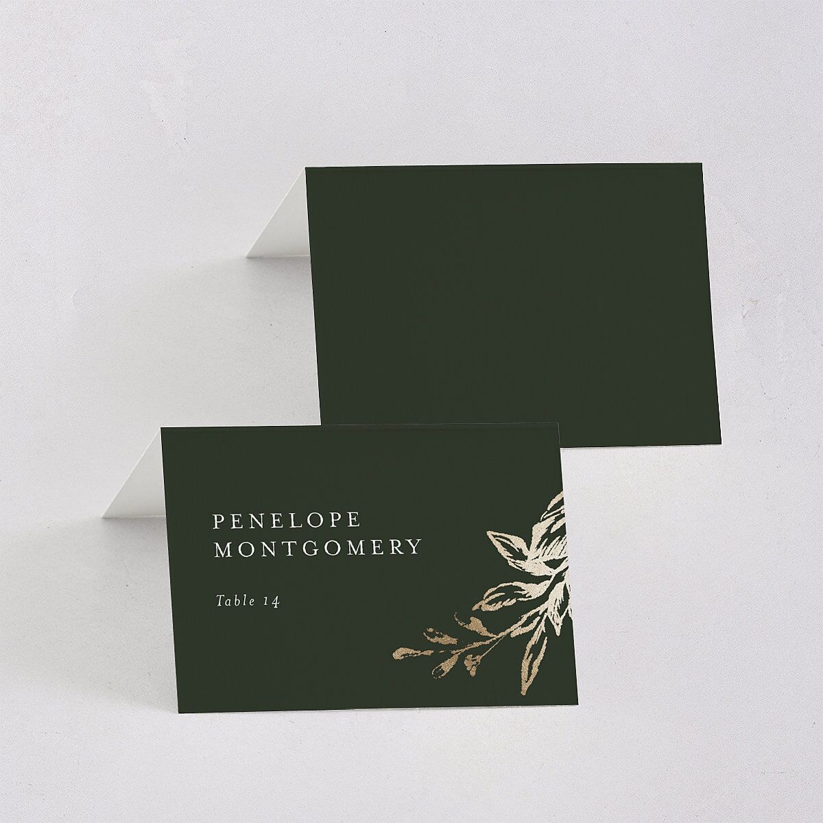 Shining Leaves Foil Place Cards Dark Green Gold Signature