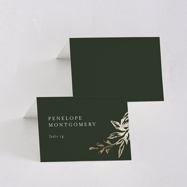 Shining Leaves Foil Place Cards Dark Green Gold Signature