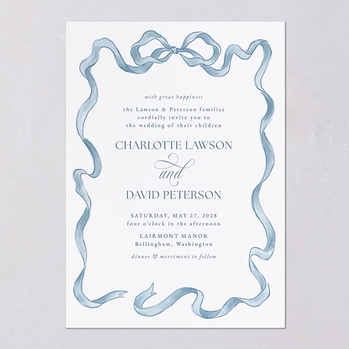 Vintage Bow Wedding Invitations Regency Blue Signature Blank No