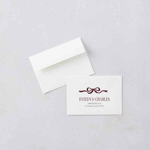 Whimsical Hand Drawn Bow Response Card Envelopes White Burgundy Return Address Signature Standard