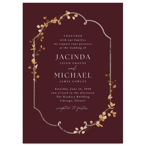 Fairytale Eucalyptus Foil Wedding Invitations Burgundy Gold Signature Blank No Standard