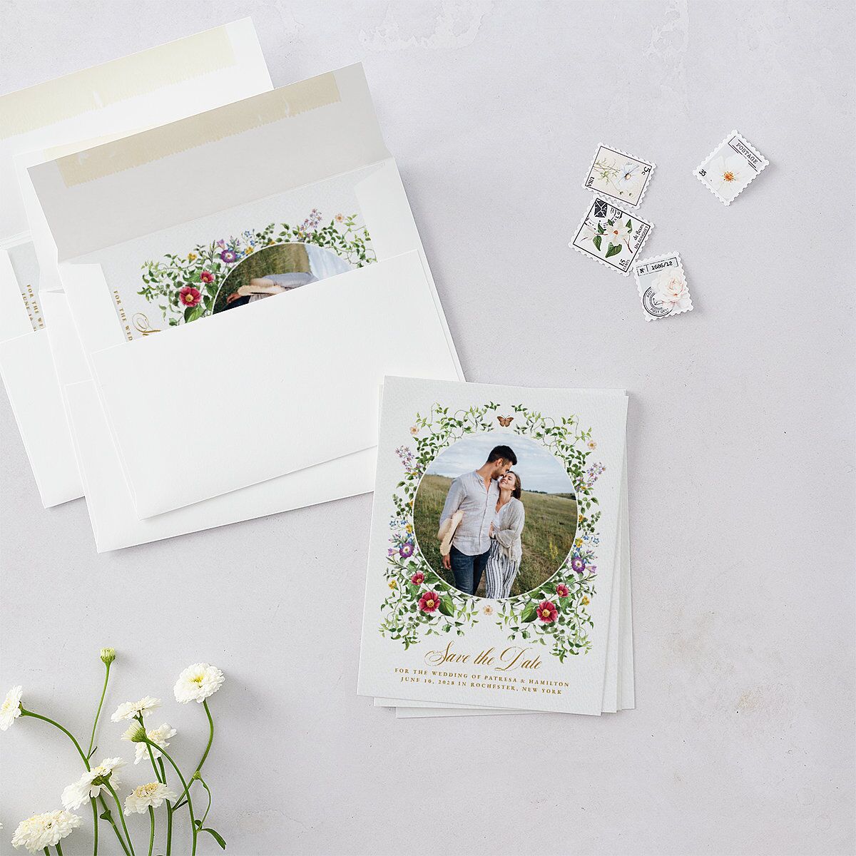 Opulent Garden Save the Date Petite Cards Scottish Green Signature smooth Blank No Standard