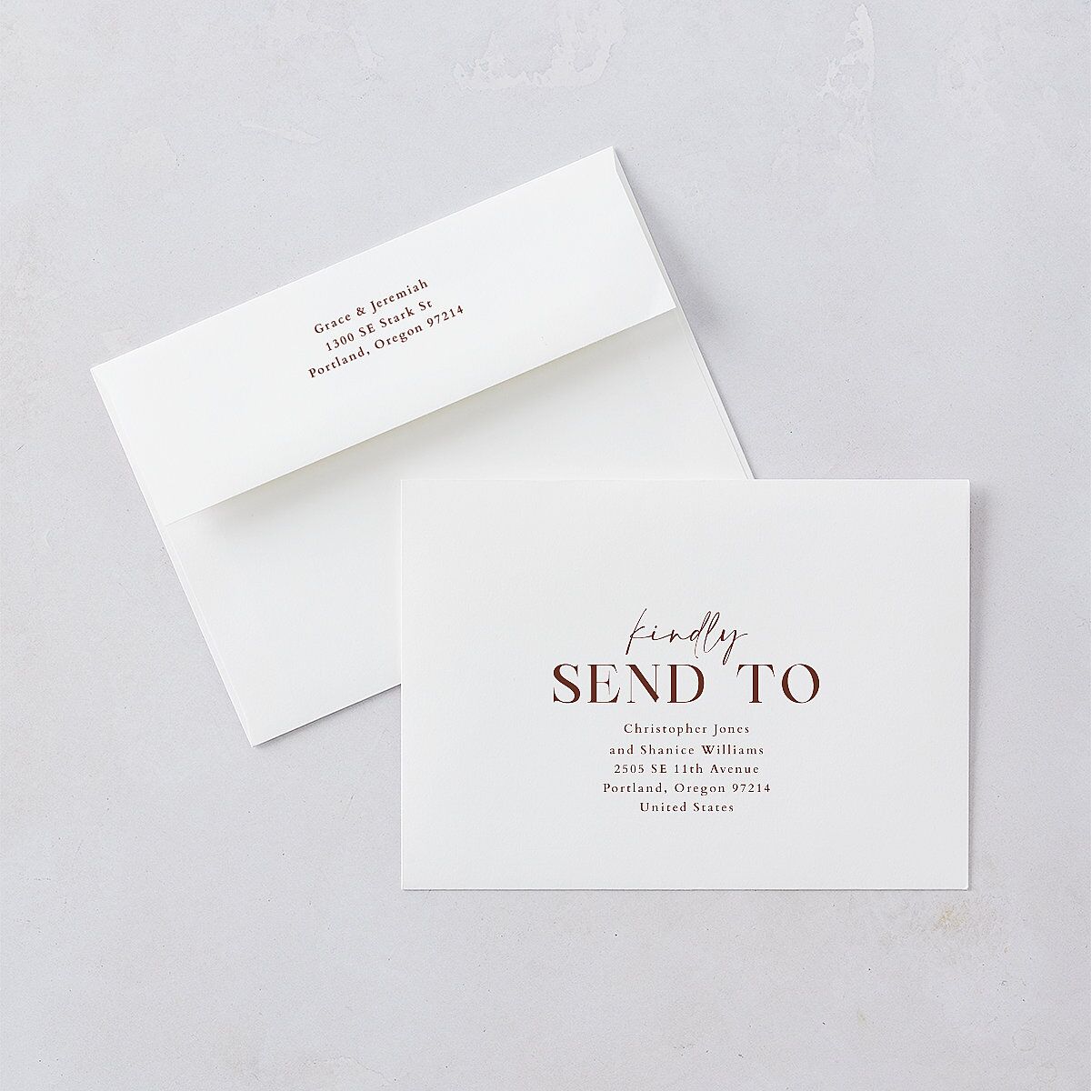 Foundation Save The Date Card Envelopes White Chestnut Both Recipient and Return Addresses Signature Standard