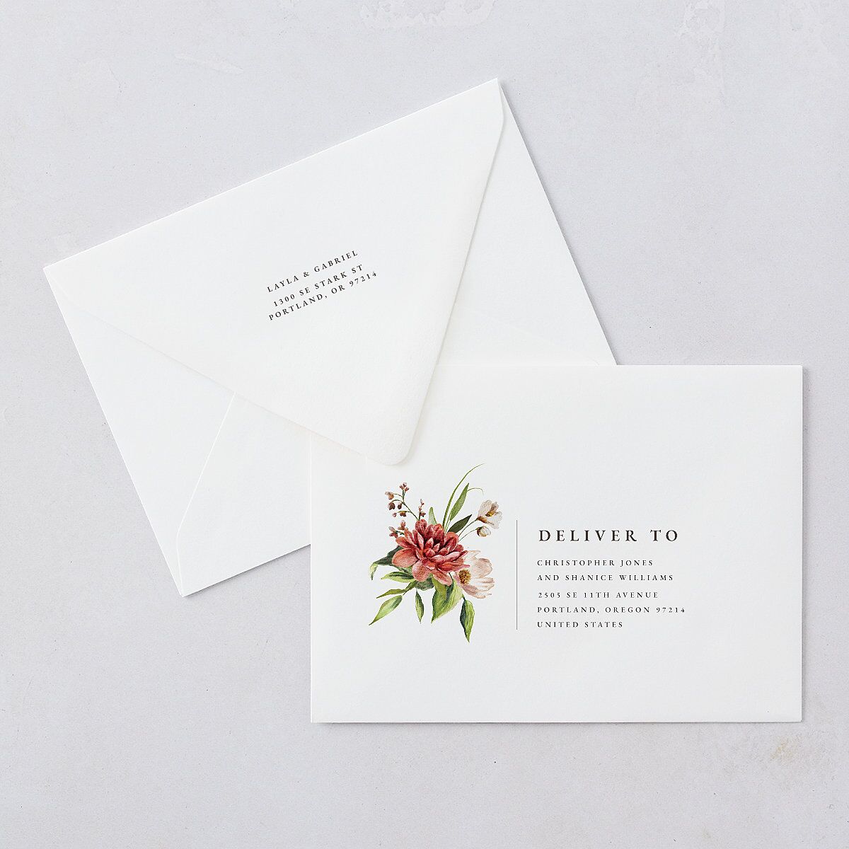 Floral Arch Save The Date Card Euro Envelopes White Rust Both Recipient and Return Addresses Luxe Signature