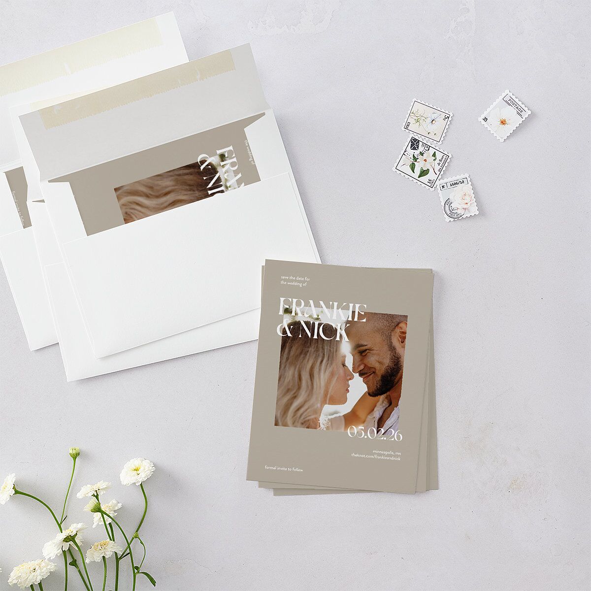 Checked Save the Date Petite Cards Taupe Signature smooth Blank No Standard