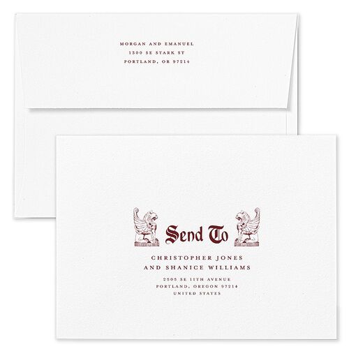 Gothic Medieval Arch Wedding Invitation Envelopes White Burgundy Both Recipient and Return Addresses Standard Signature