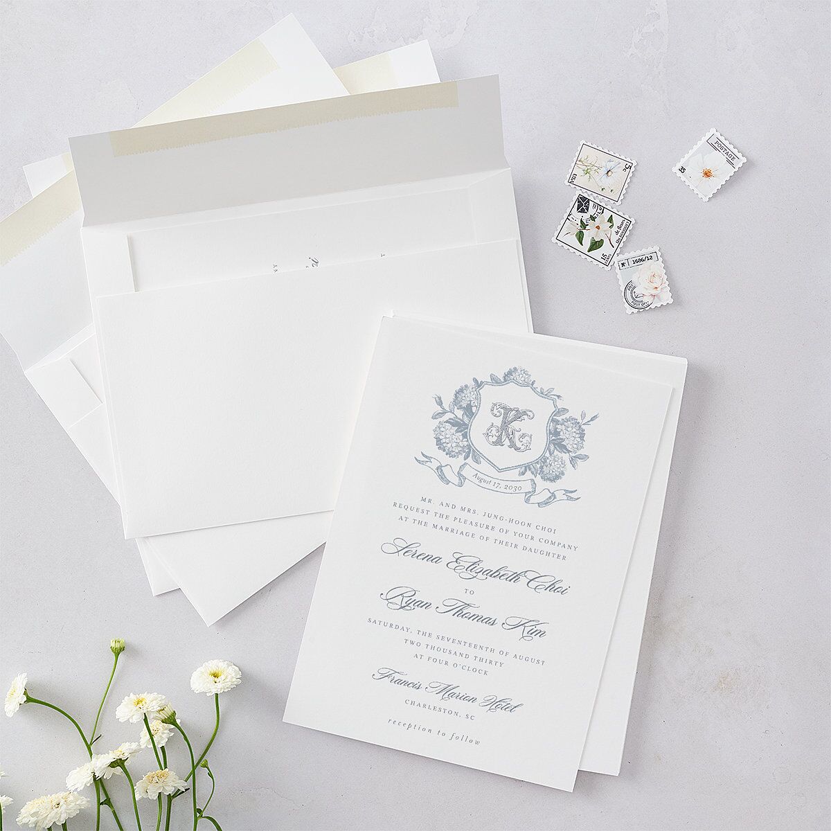 Vintage Hydrangea Garden Crest Wedding Invitations Slate Signature Blank No Standard