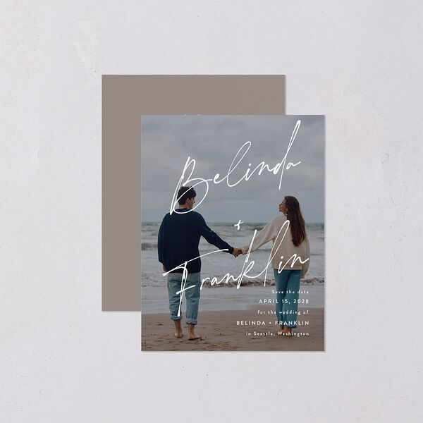 Modern Script Names Save the Date Petite Cards Shadow Gray Signature smooth Blank No Standard