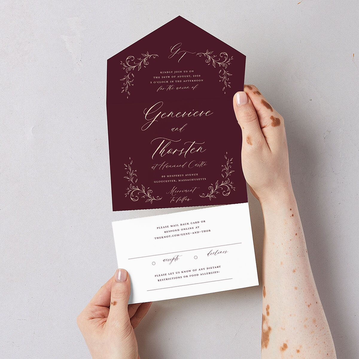 Dark Vintage Fantasy All-in-One Wedding Invitations Merlot Signature Light Both Recipient and Return Addresses No