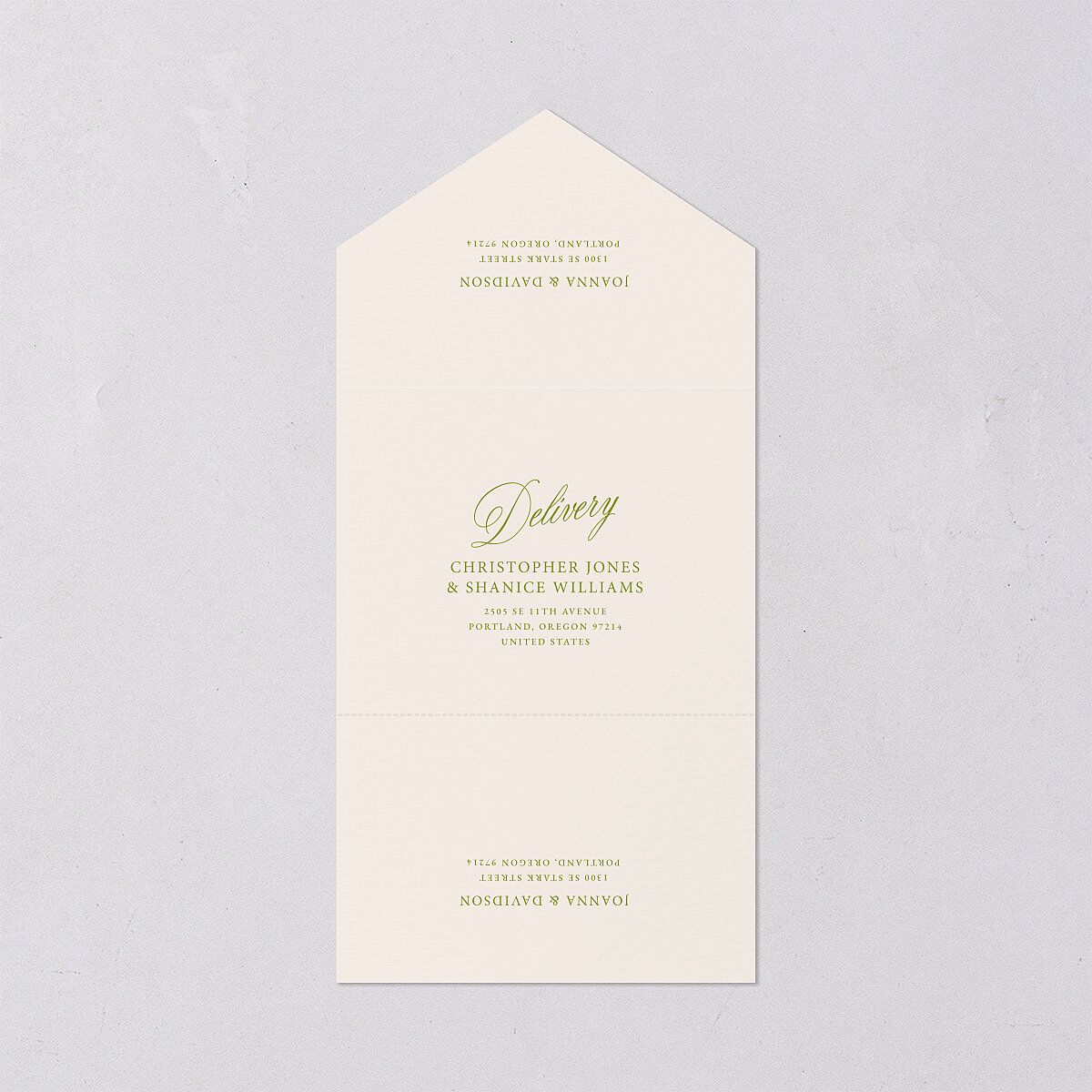 We're Getting Married All-in-One Wedding Invitations Deep Olive Signature Light Both Recipient and Return Addresses