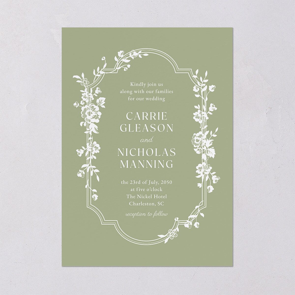 Fairytale Lace Floral Frame Wedding Invitations Moss Signature Blank No Standard