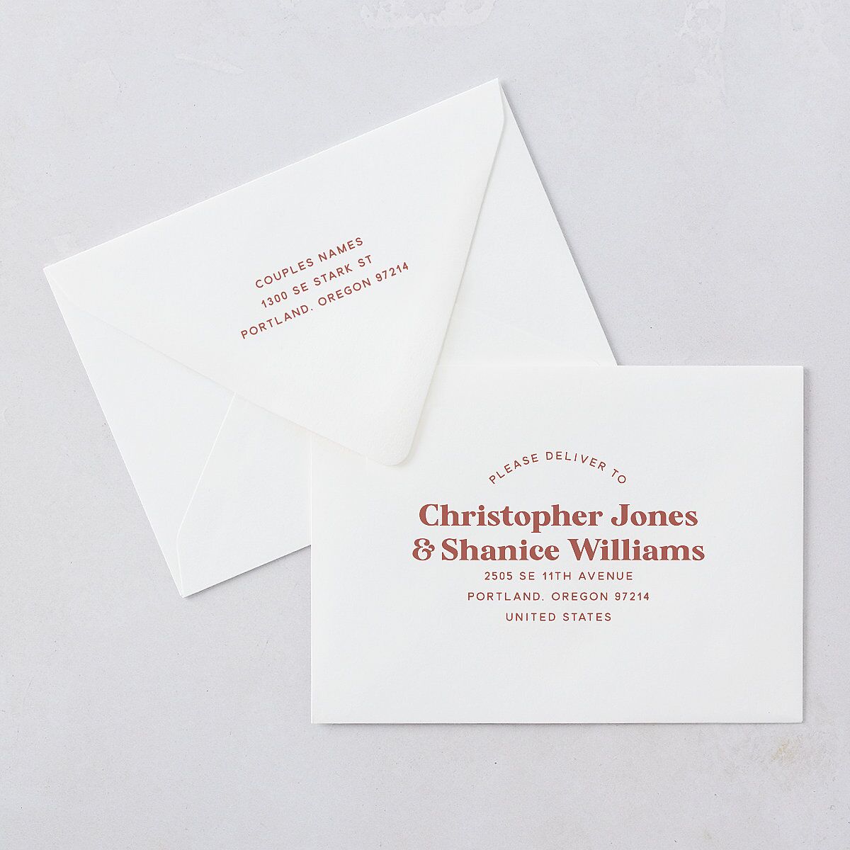 Custom Pet Portrait Rehearsal Dinner Invitation Euro Envelopes White Luxe Desert Rose Both Recipient and Return Addresses