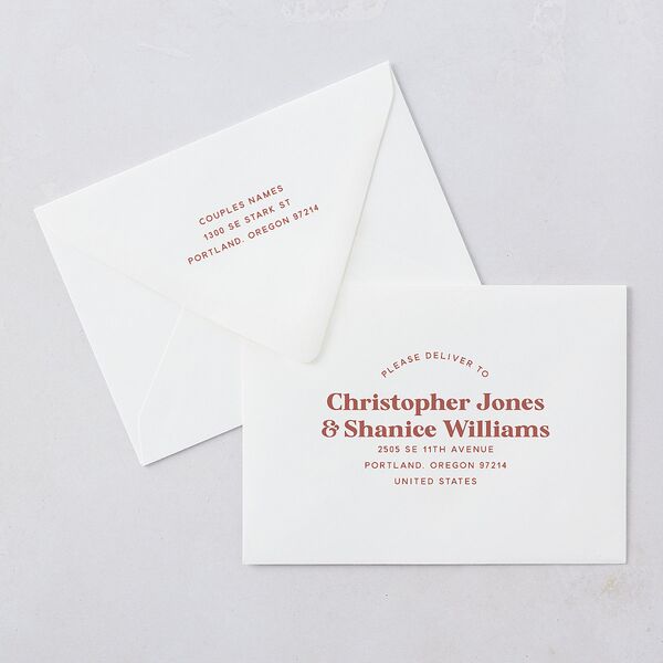 Custom Pet Portrait Rehearsal Dinner Invitation Euro Envelopes White Luxe Desert Rose Both Recipient and Return Addresses