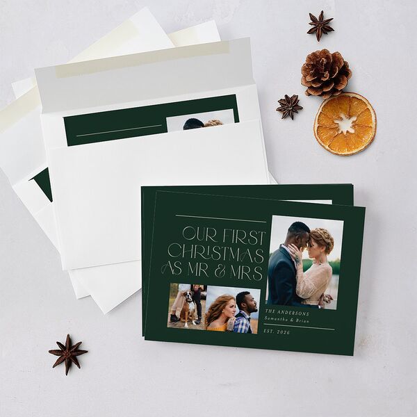 Mr. & Mrs. Holiday Cards Dark Green Signature Blank Standard Landscape
